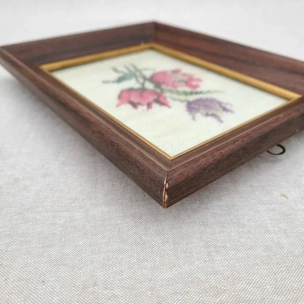 Cottagecore Gallery Wall Accent Piece: Framed Needlepoint Roses Pink Purple VTG